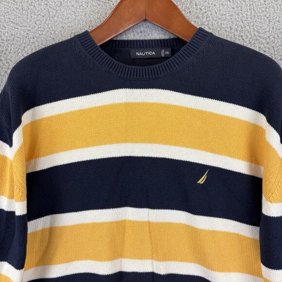 NAUTICA Sweater Mens XXL Blokecore Preppy Old Money Navy Striped 100% Cotton - Picture 3 of 11